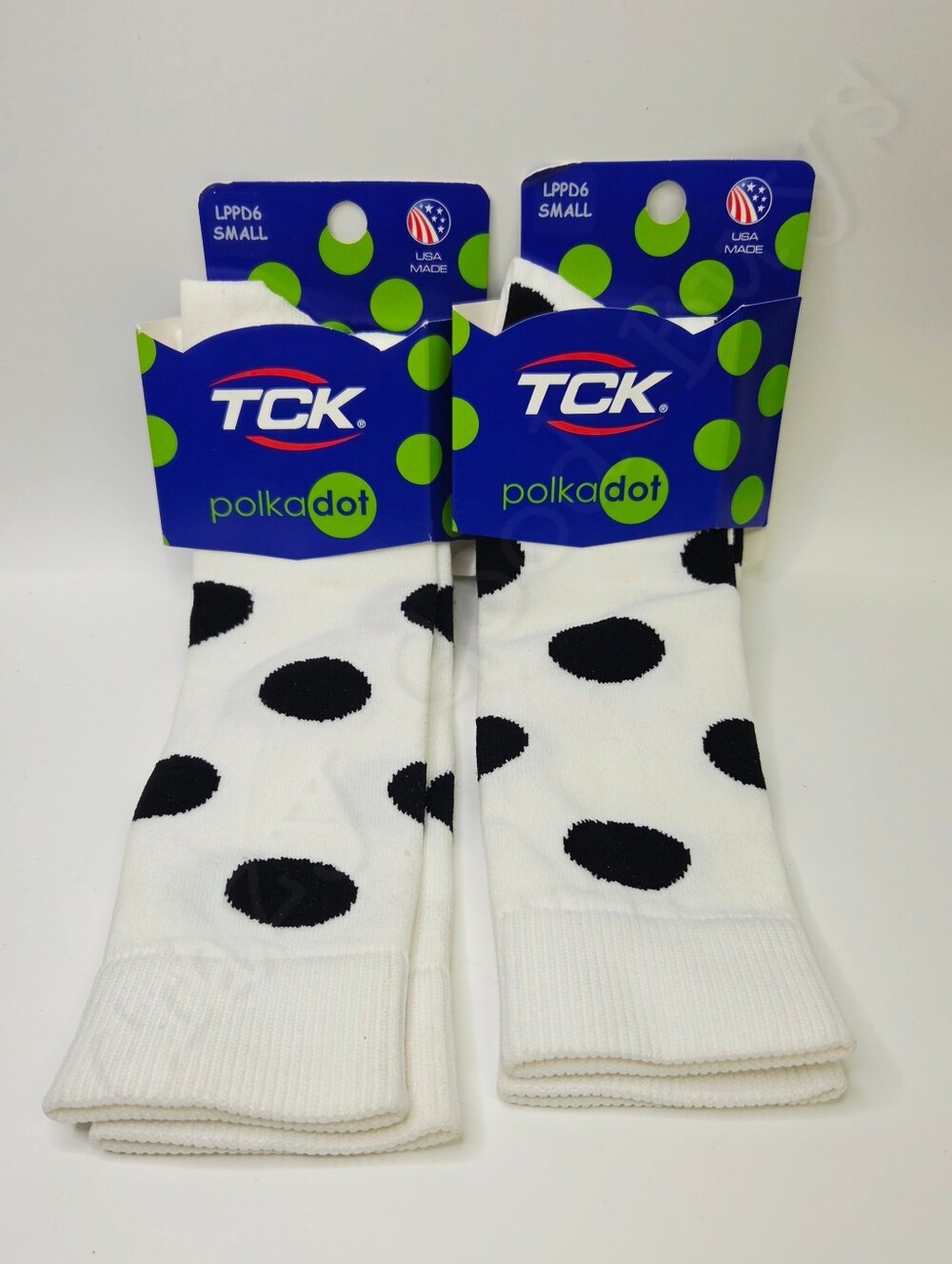 2pk TCK White w/ Black Polka Dot Mid-calf Socks Small, Kids Shoe Sz 3-6, Wmn 4-7